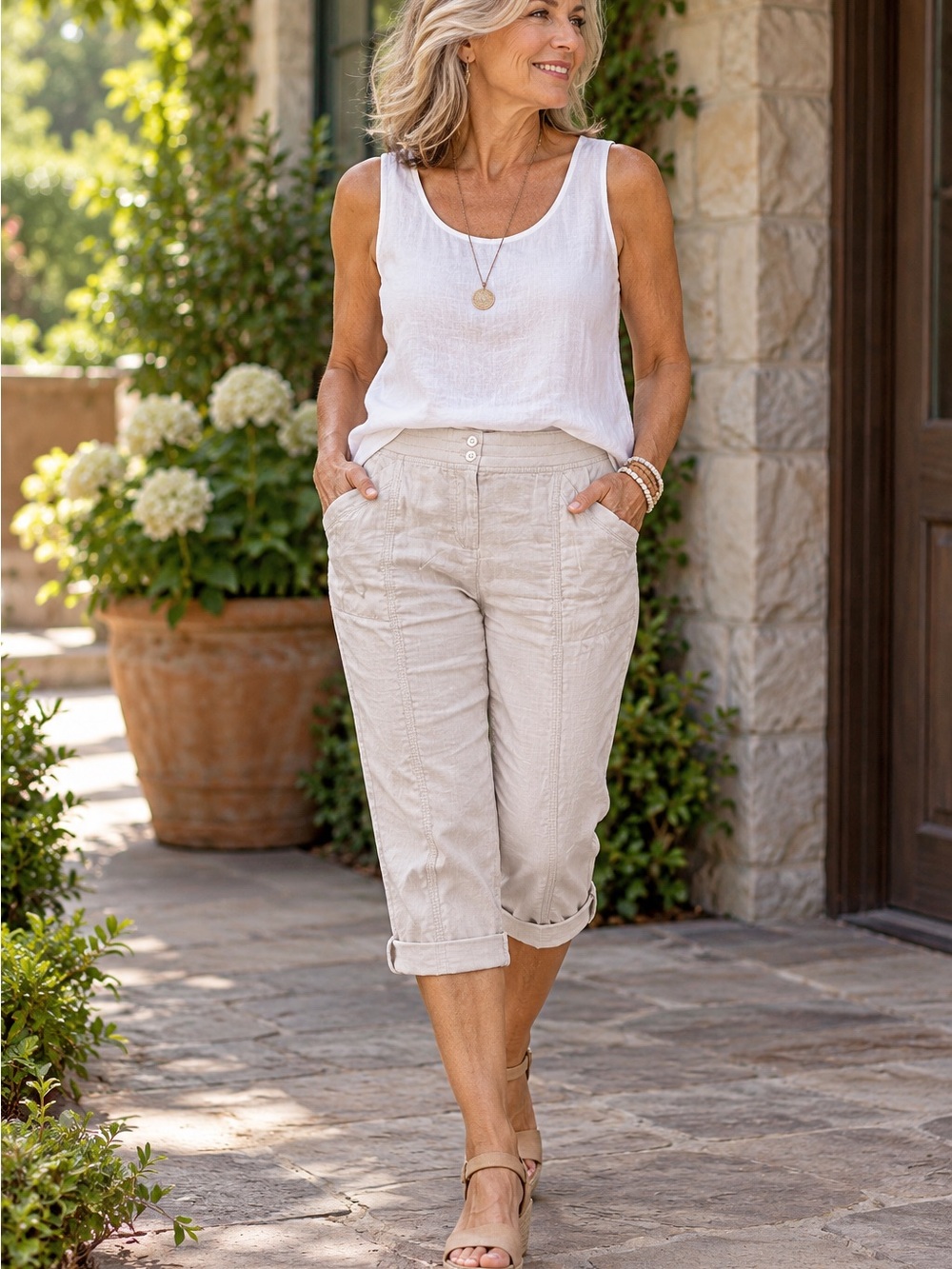 J. Jill Light Beige Cropped Linen-Blend Capris 100% cotton
